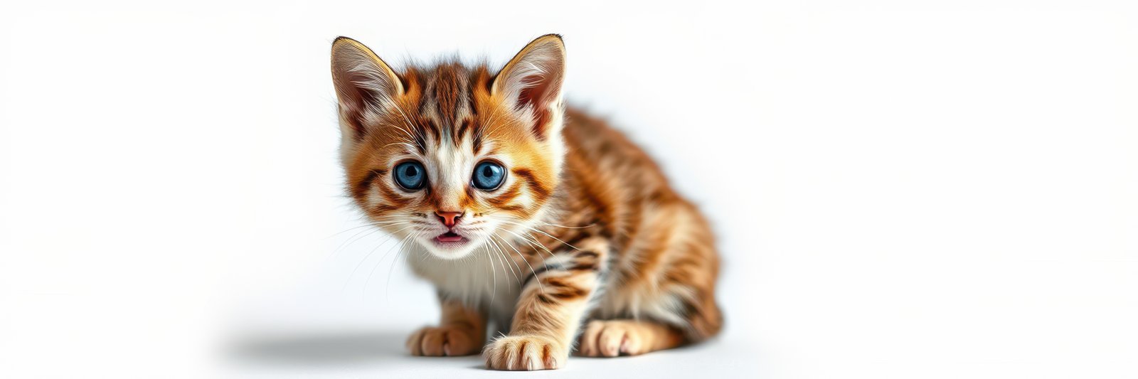 Adorable kitten with striking blue eyes poses on a clean white background